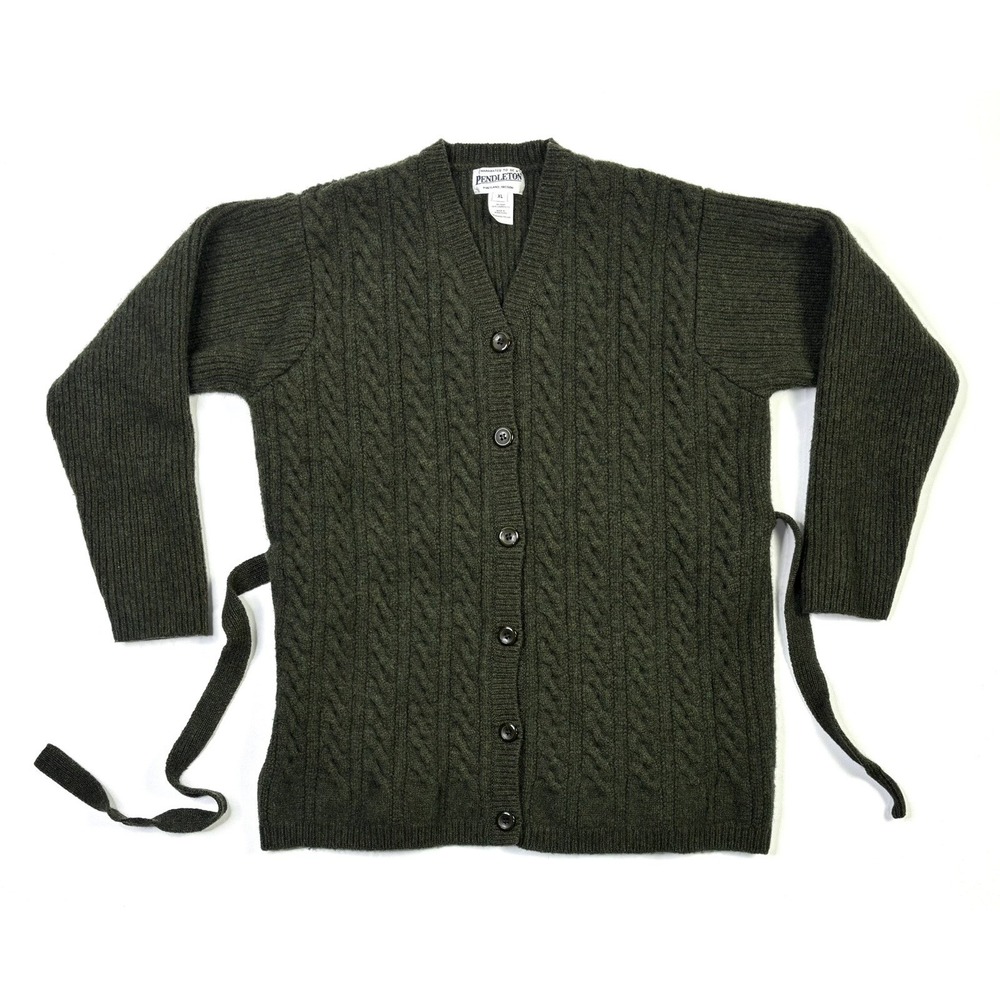 Pendleton Lambswool Cardigan Sweater Women's XL Dark Green Button Tie Waist